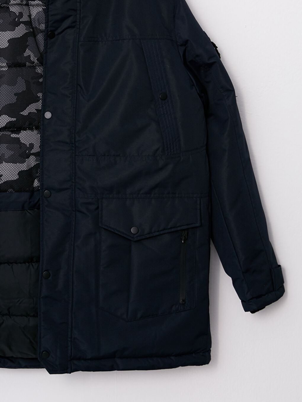 Lacivert Standart Kalıp Kapüşonlu Erkek Parka-6