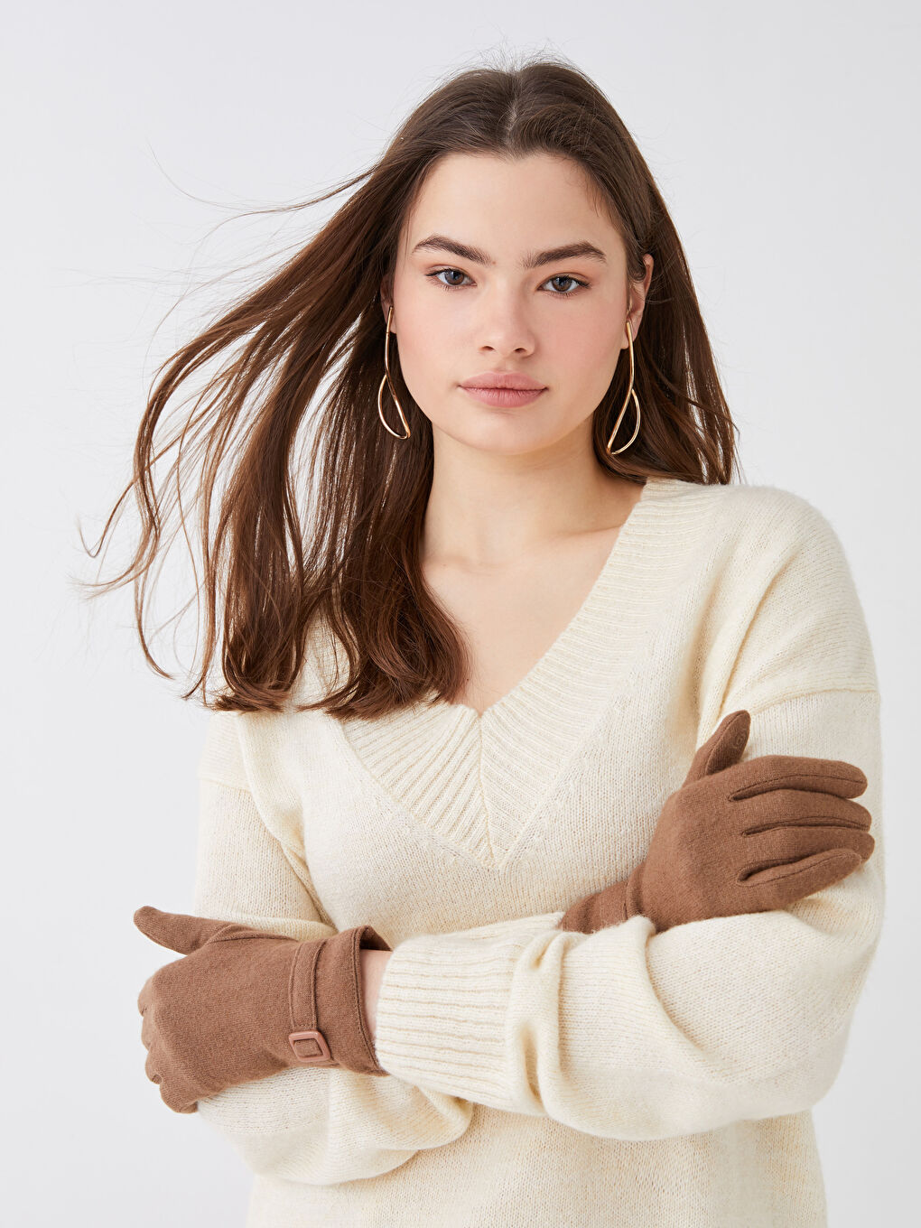 Kahverengi Toka Detaylı Kadın Eldiven