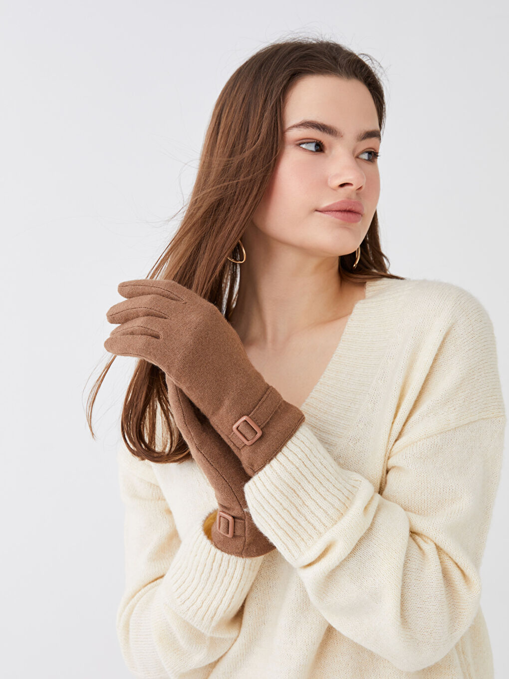 Kahverengi Toka Detaylı Kadın Eldiven-1