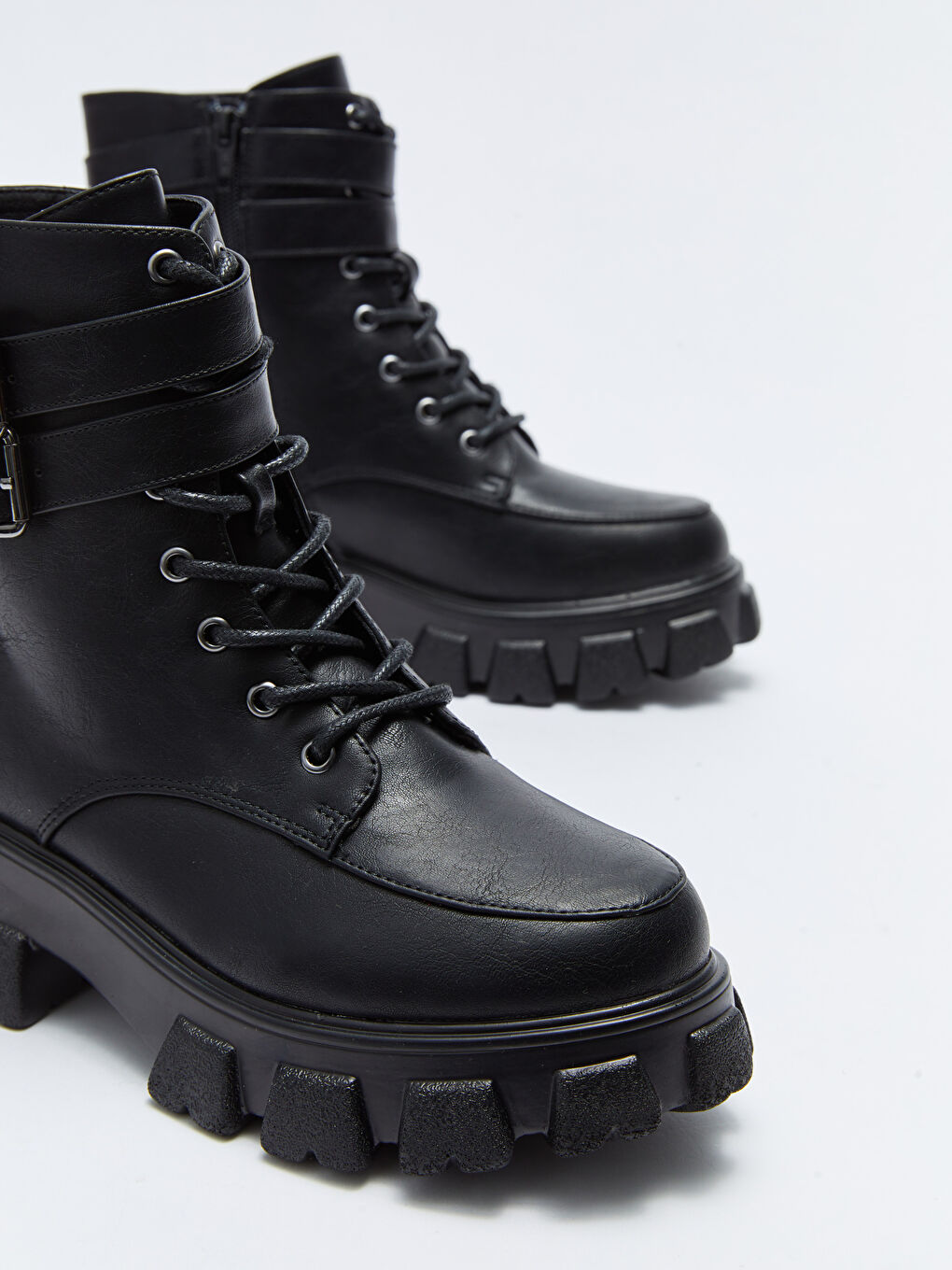 Faux Leather Lace-up and Zippered Thick Sole Women's Boots-2