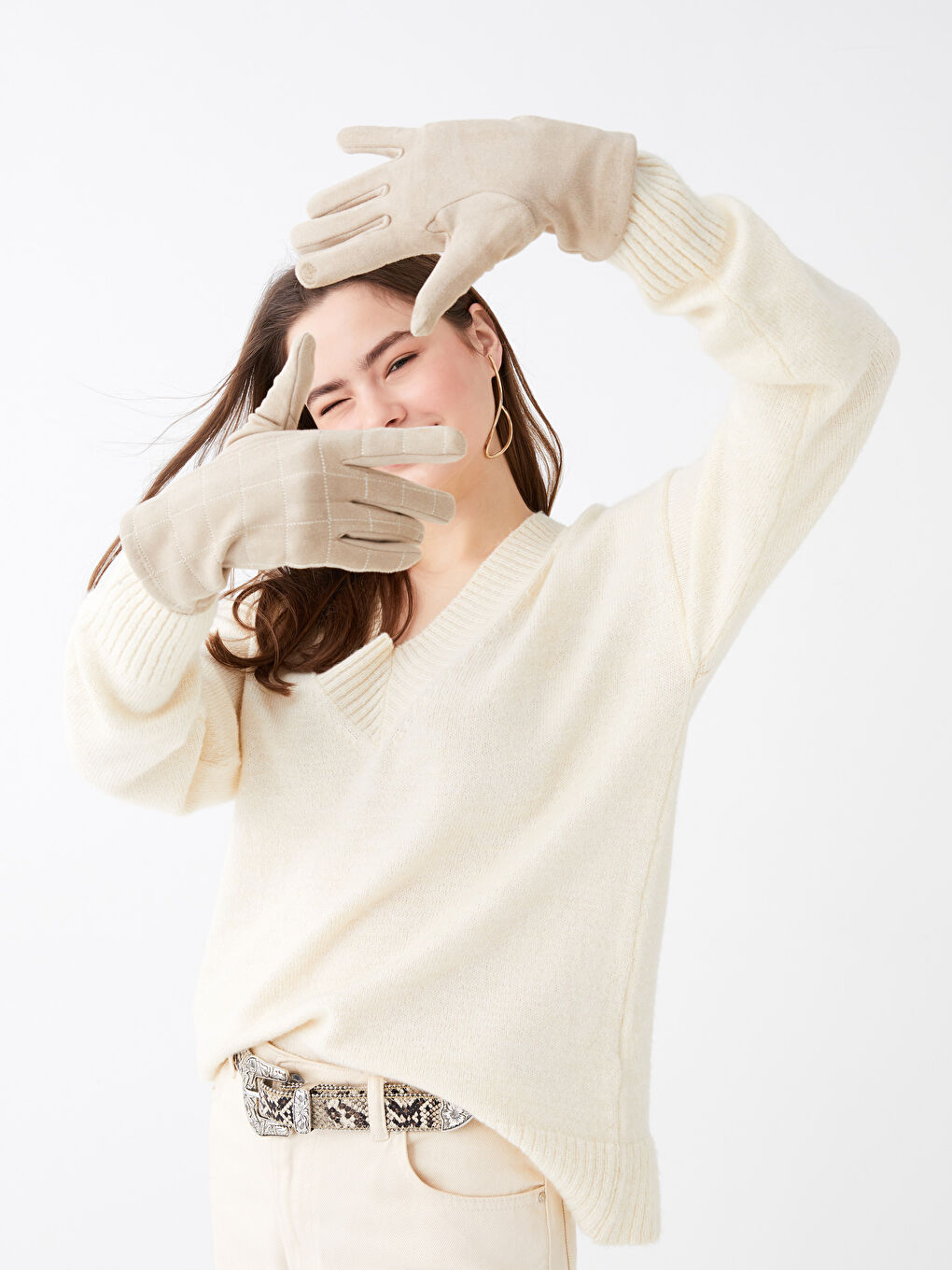 Ekru Dikiş Detaylı Süet Kadın Eldiven