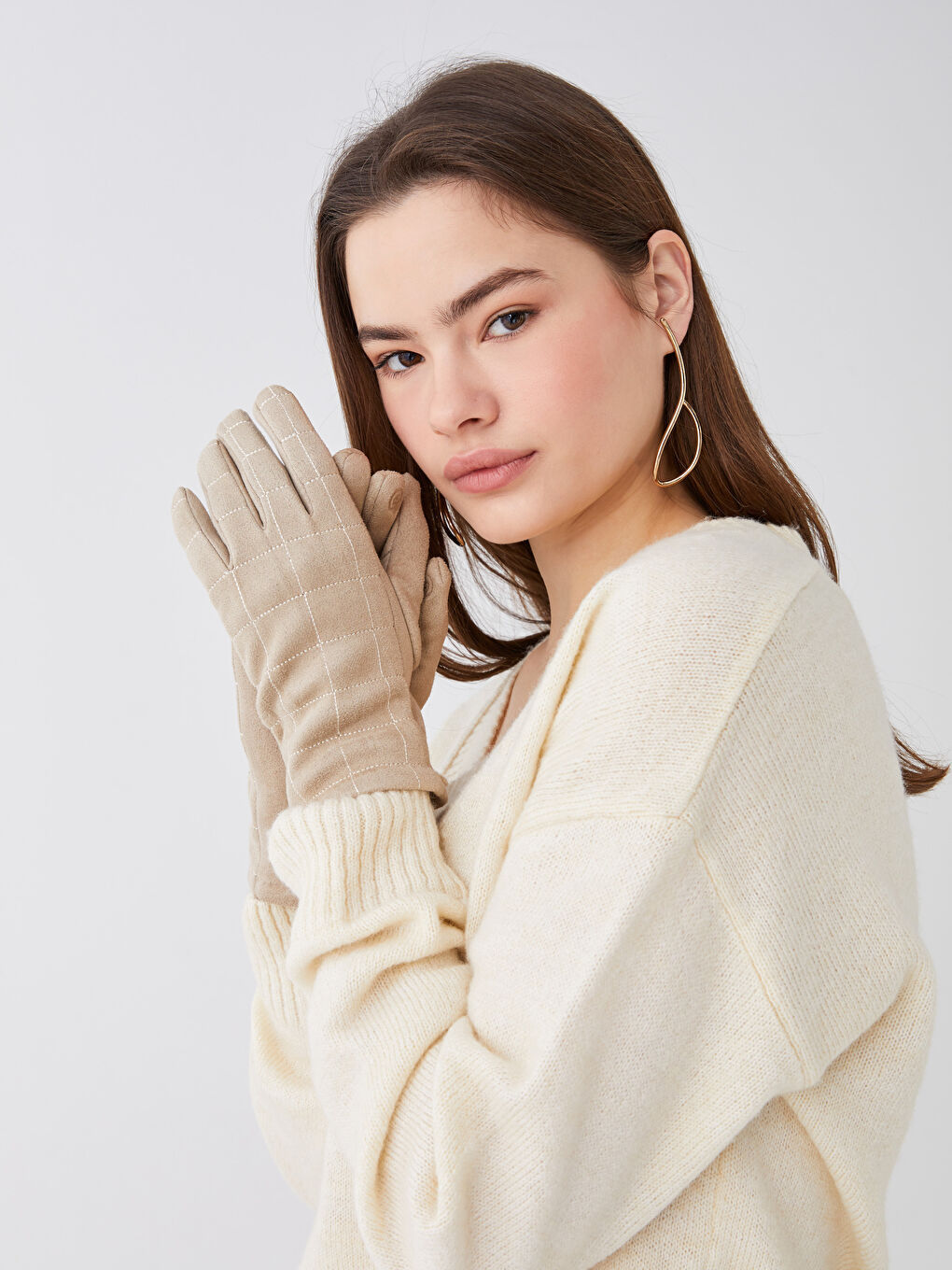 Ekru Dikiş Detaylı Süet Kadın Eldiven-1