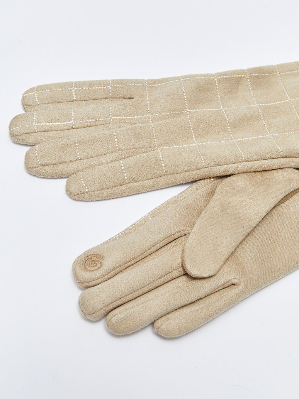 Ekru Dikiş Detaylı Süet Kadın Eldiven-4