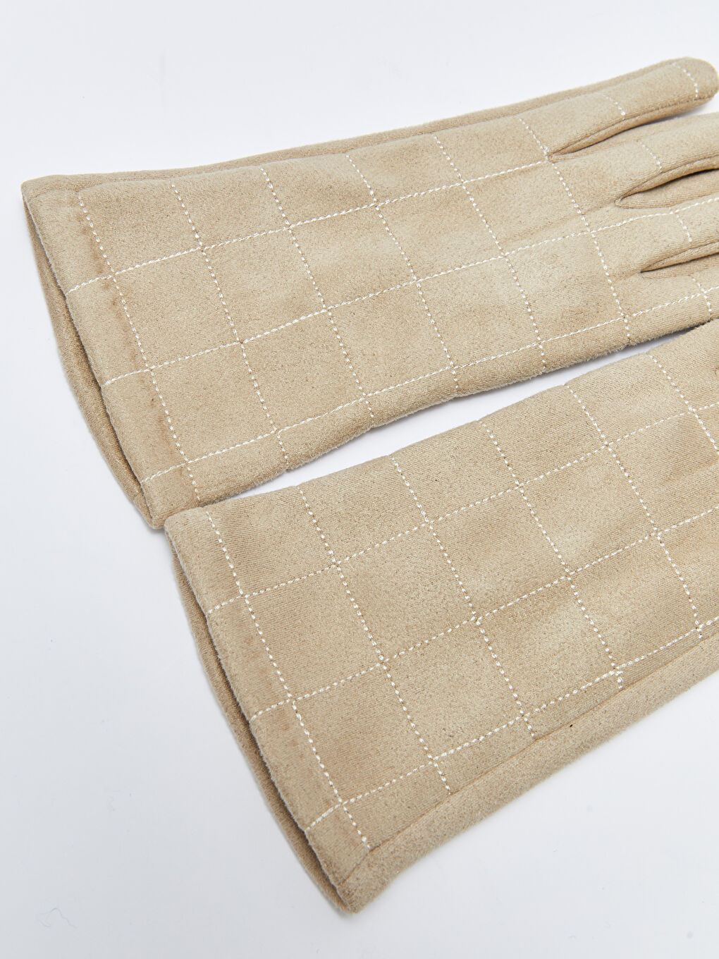 Ekru Dikiş Detaylı Süet Kadın Eldiven-5