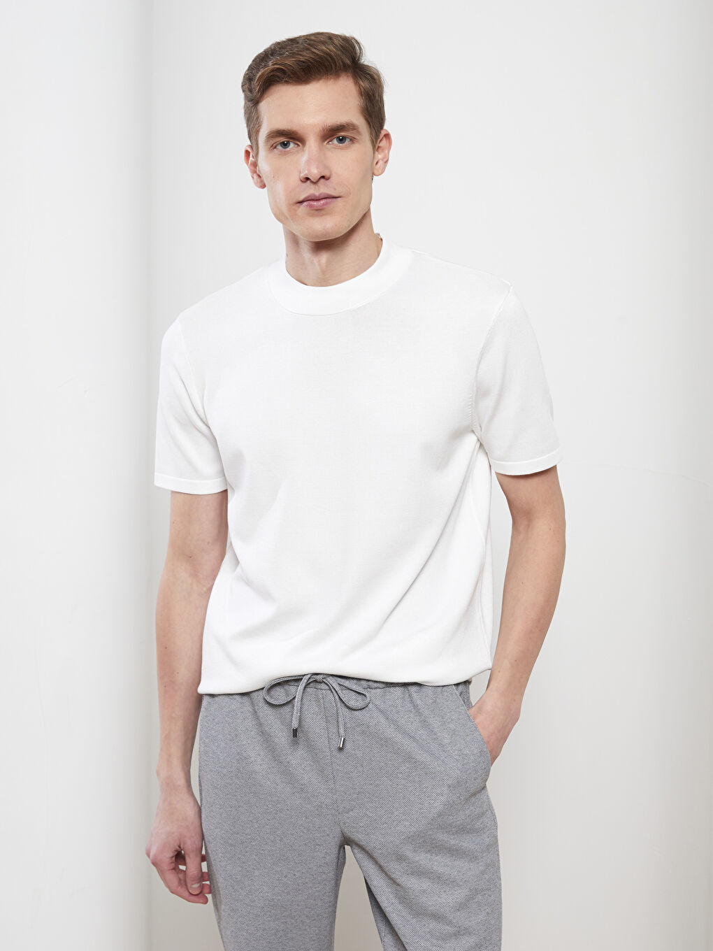 Ekru Bisiklet Yaka Erkek Kazak-1