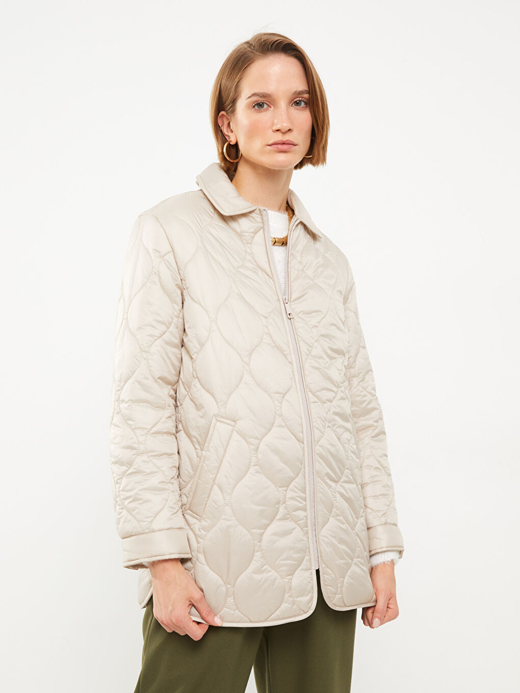 Shirt Neck Self Patterned Long Sleeve Women's Puffer-1