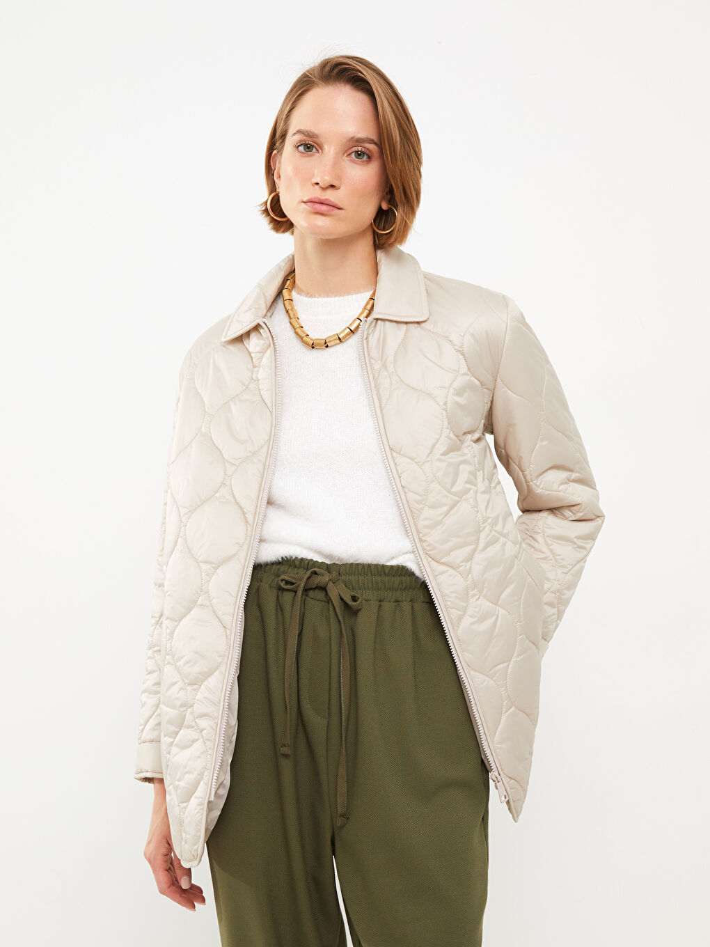 Shirt Neck Self Patterned Long Sleeve Women's Puffer-2