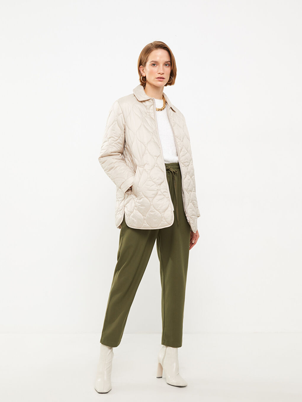 Shirt Neck Self Patterned Long Sleeve Women's Puffer-3