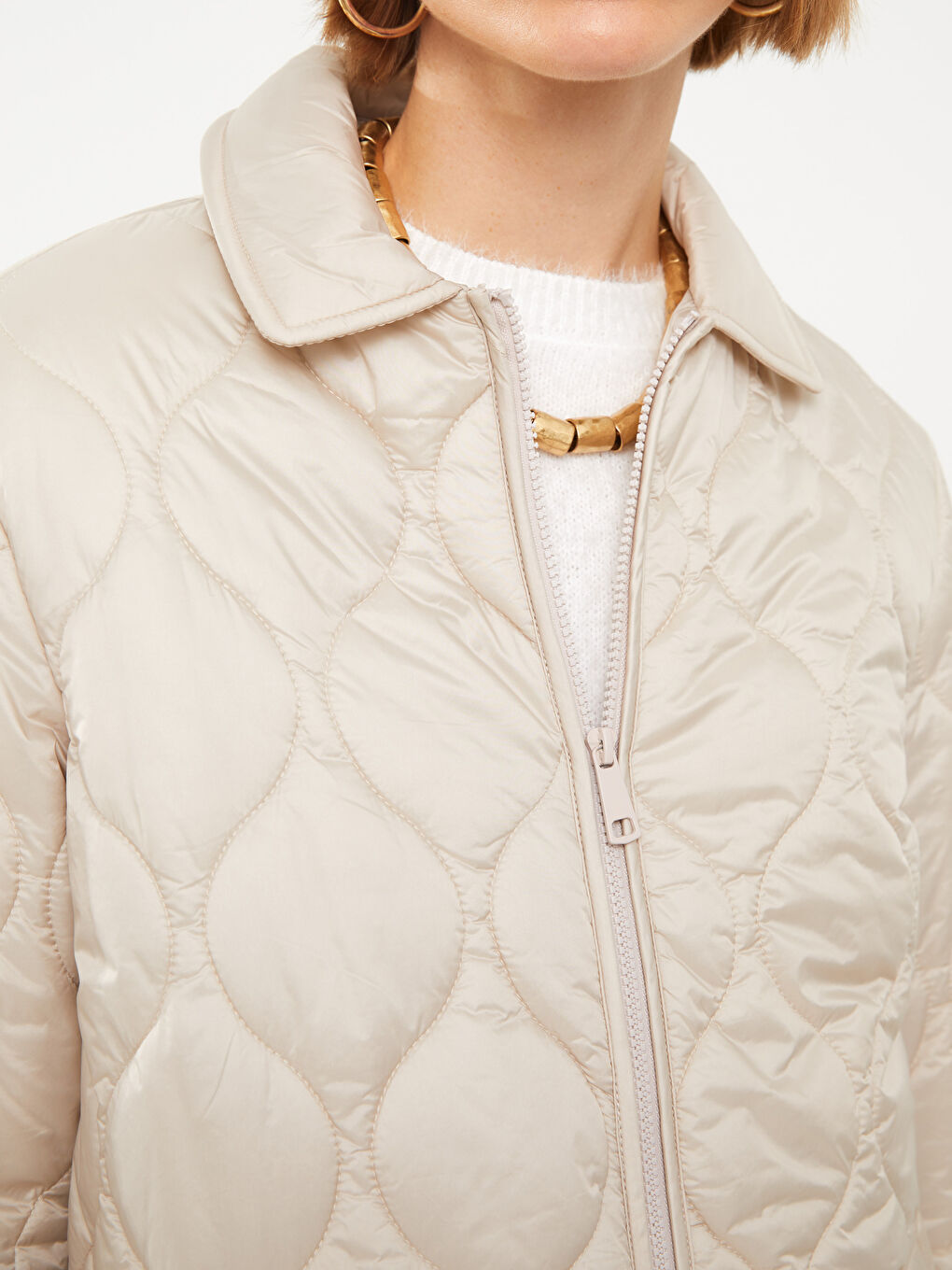 Shirt Neck Self Patterned Long Sleeve Women's Puffer-4