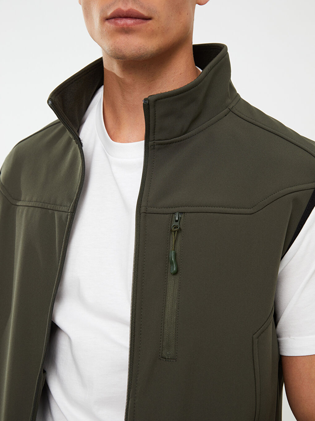 Haki Standart Kalıp Dik Yaka Erkek Yelek-2