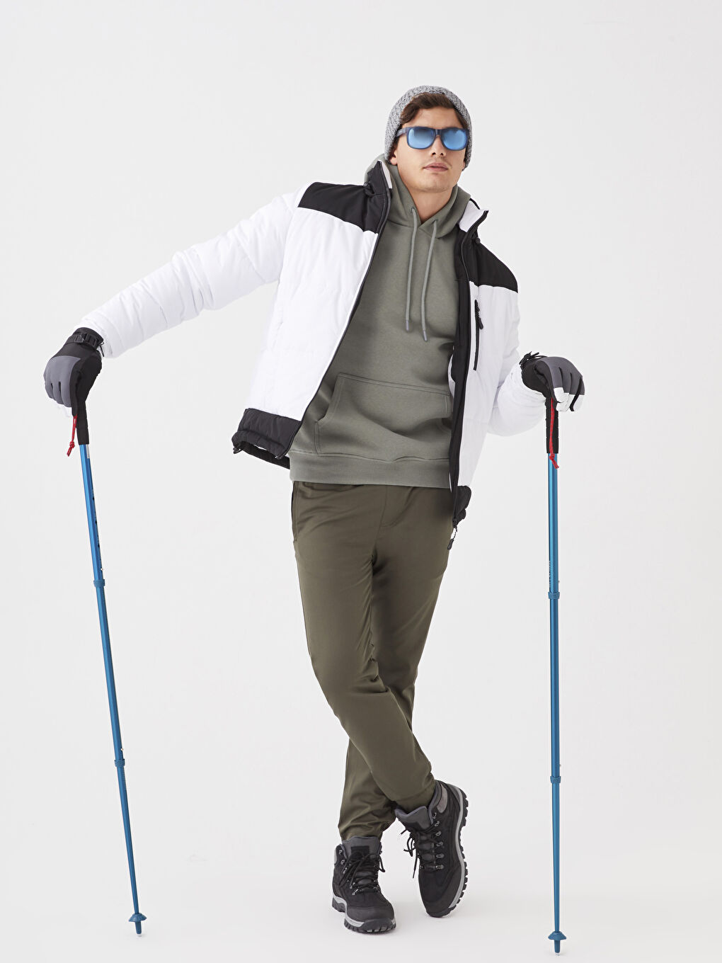 Beyaz Standart Kalıp Dik Yaka Erkek Şişme Mont-6