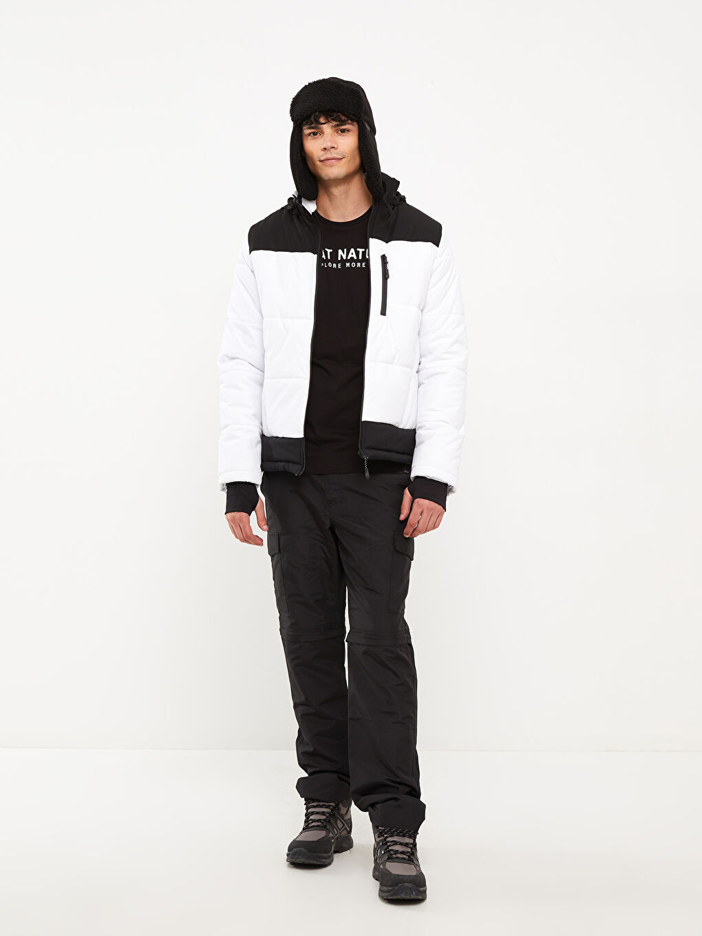 Beyaz Standart Kalıp Dik Yaka Erkek Şişme Mont-5