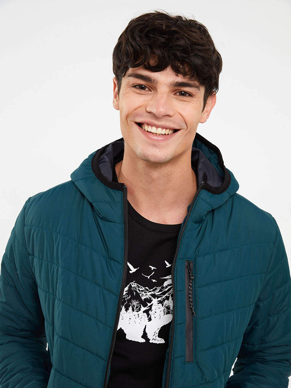 Petrol Rahat Kalıp Kapüşonlu Erkek Şişme Mont