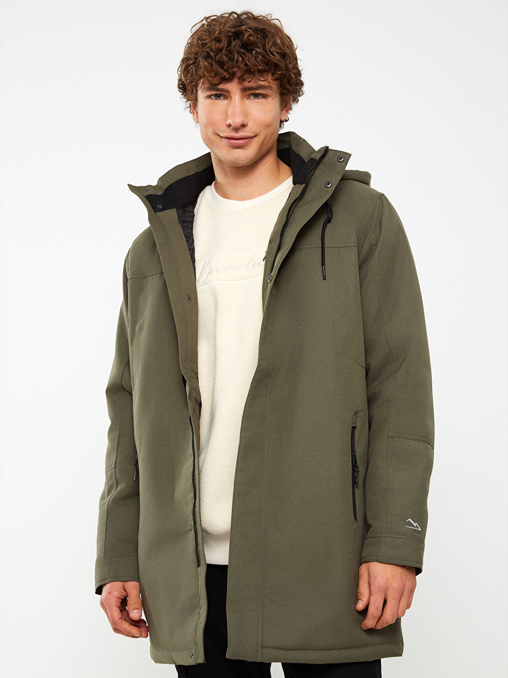 Haki Standart Kalıp Kapüşonlu Erkek Mont
