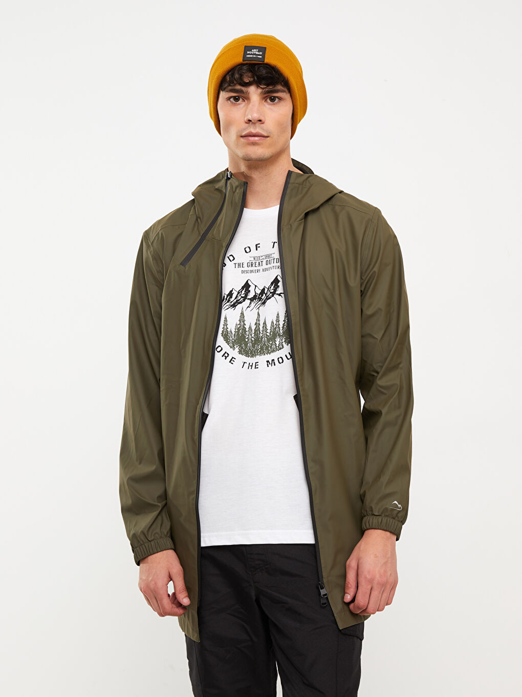 Haki Aplike Baskılı Kapüşonlu Tunik