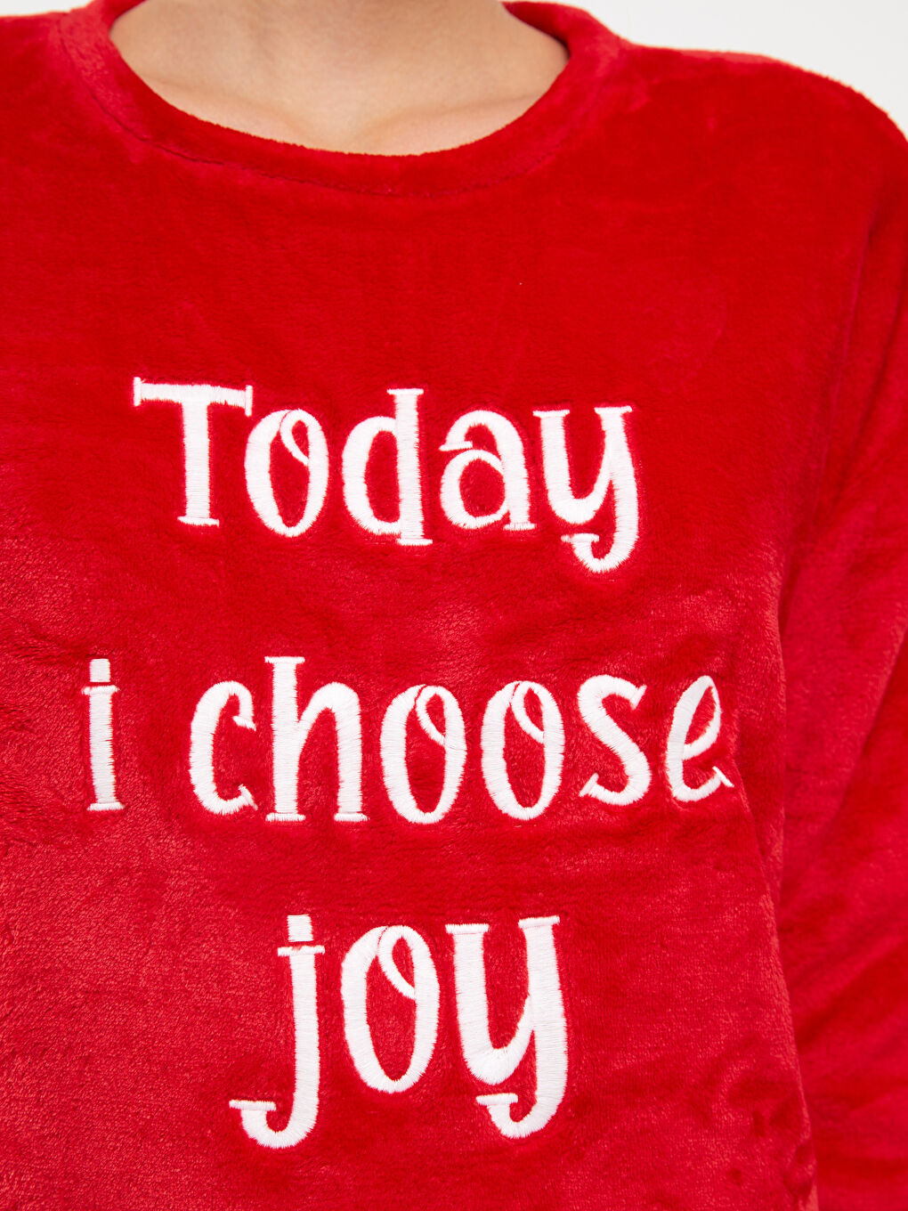 Kırmızı Bisiklet Yaka Yılbaşı Temalı Uzun Kollu Pelüş Kadın Pijama Takımı-3