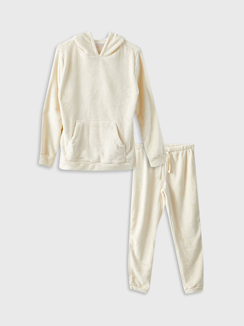 Ekru Kapüşonlu Düz Uzun Kollu Pelüş Kadın Pijama Takımı-5