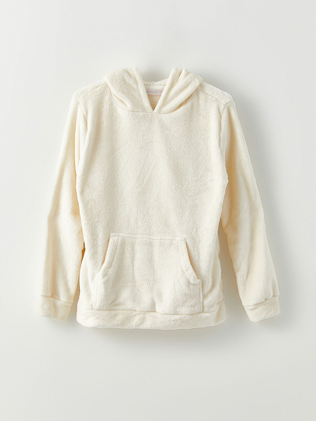 Ekru Kapüşonlu Düz Uzun Kollu Pelüş Kadın Pijama Takımı-6