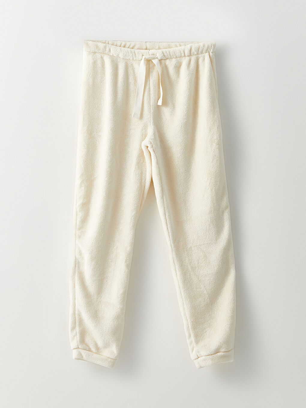 Ekru Kapüşonlu Düz Uzun Kollu Pelüş Kadın Pijama Takımı-7