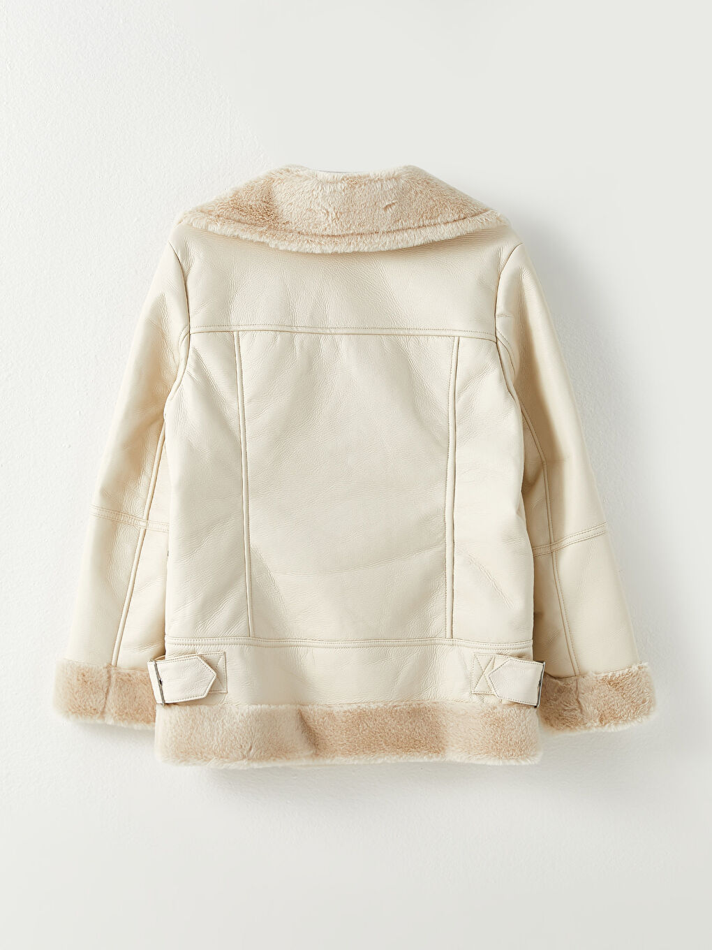 Ekru Kadın Biker Yaka Düz Deri Görünümlü Mont-10