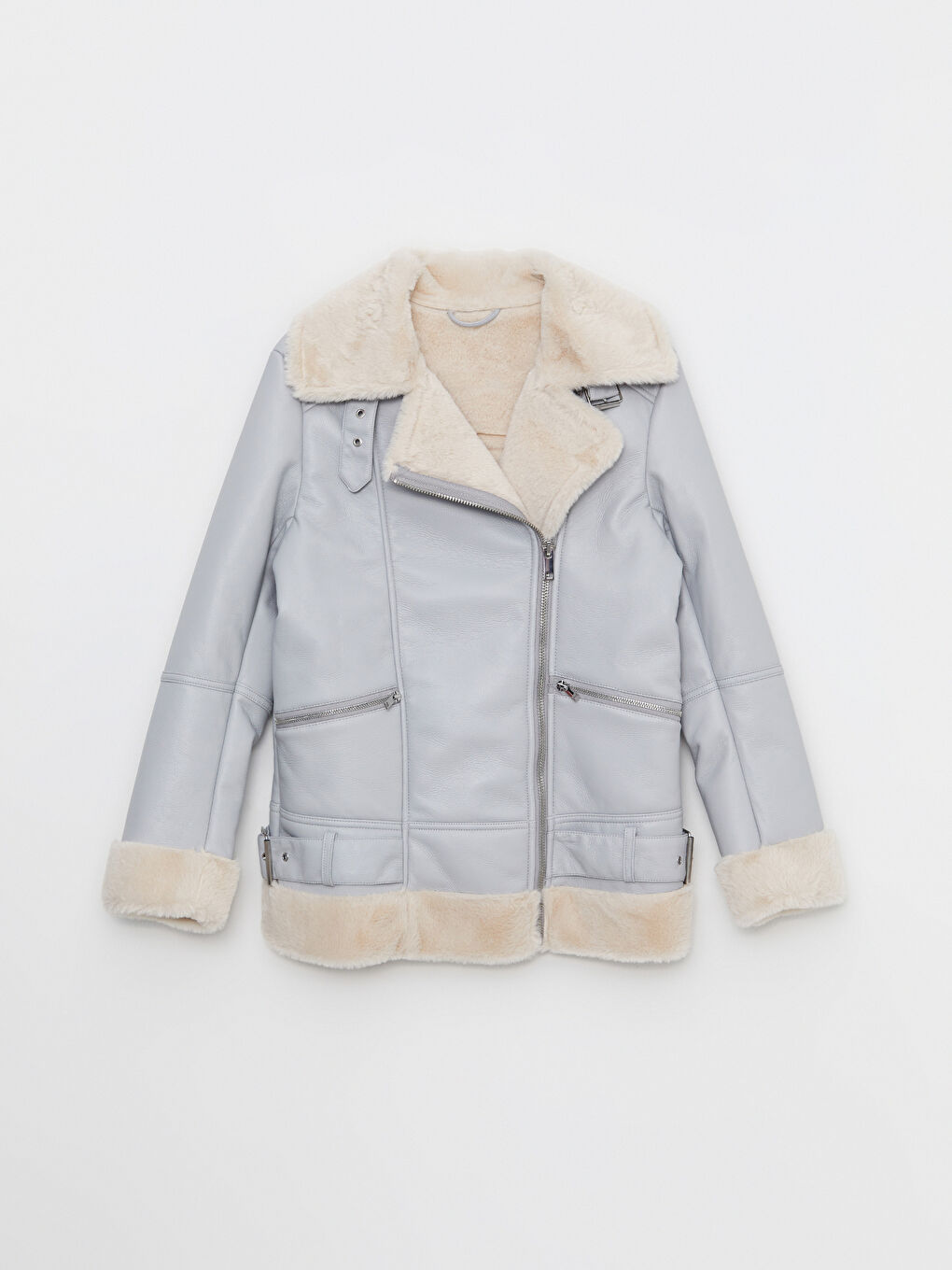 Women's Biker Neck Plain Faux Leather Jacket-6