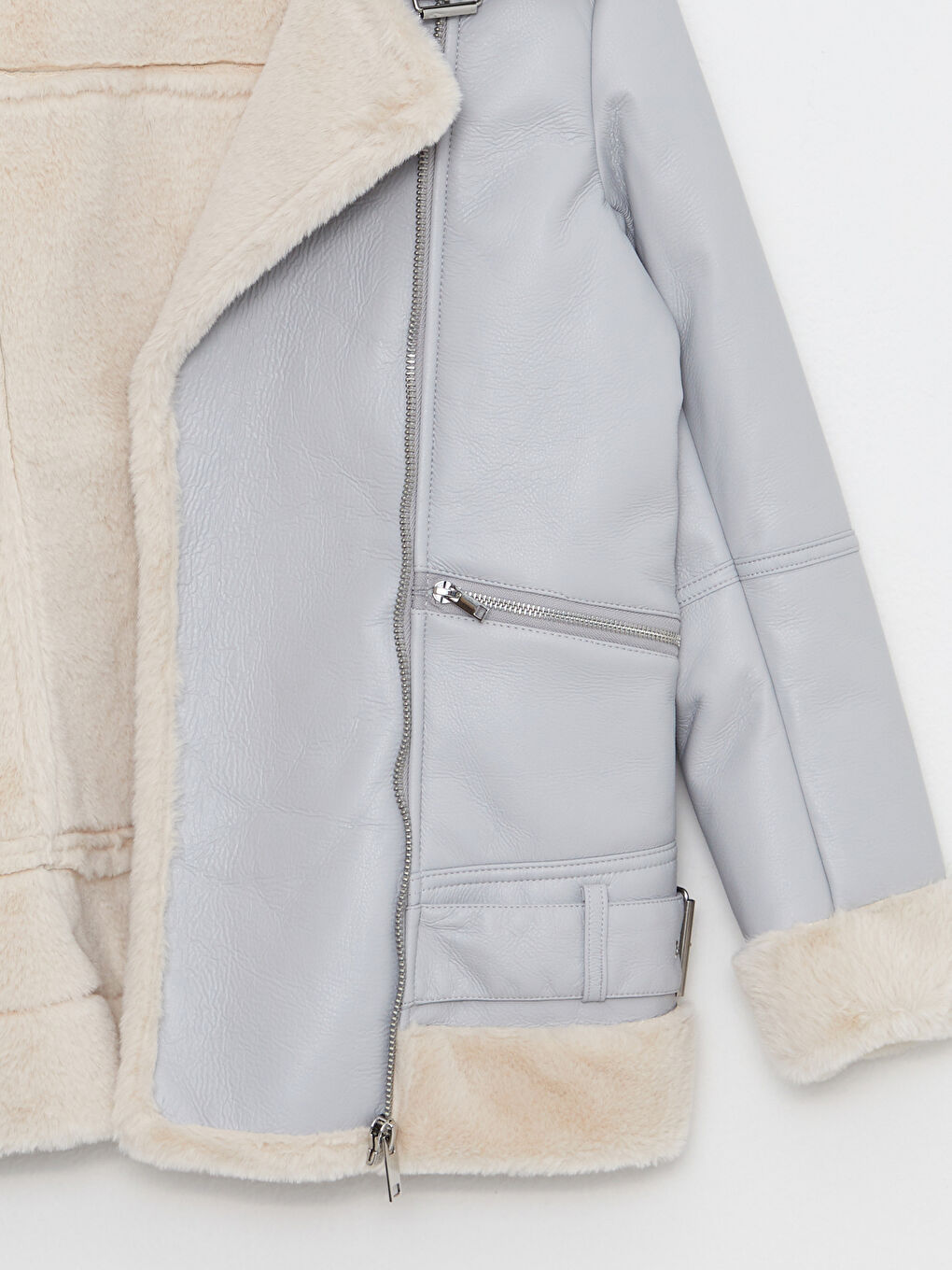 Women's Biker Neck Plain Faux Leather Jacket-7