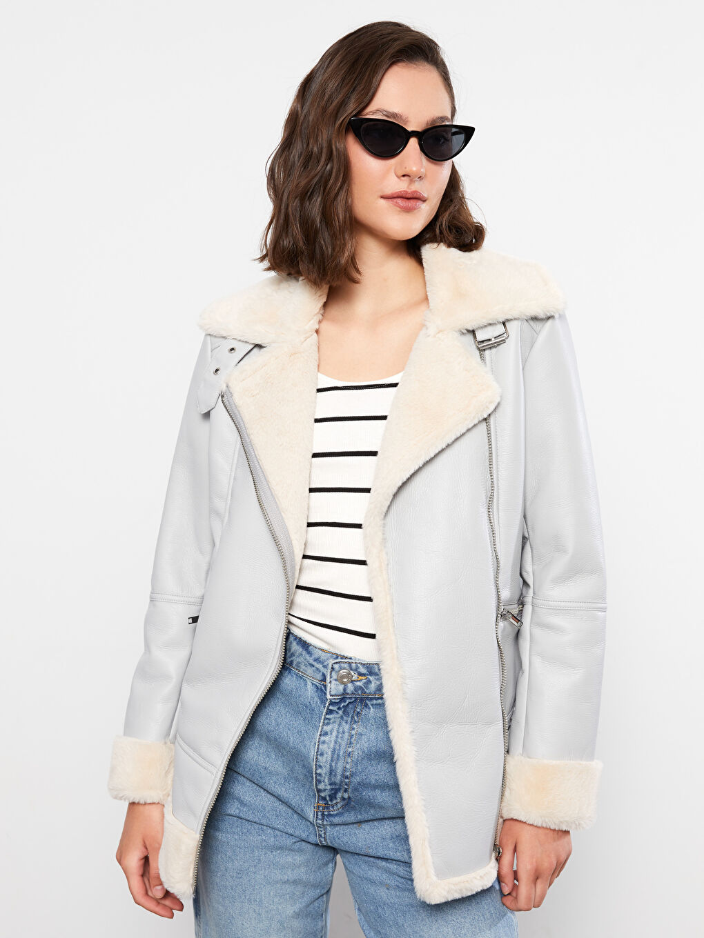 Women's Biker Neck Plain Faux Leather Jacket-1