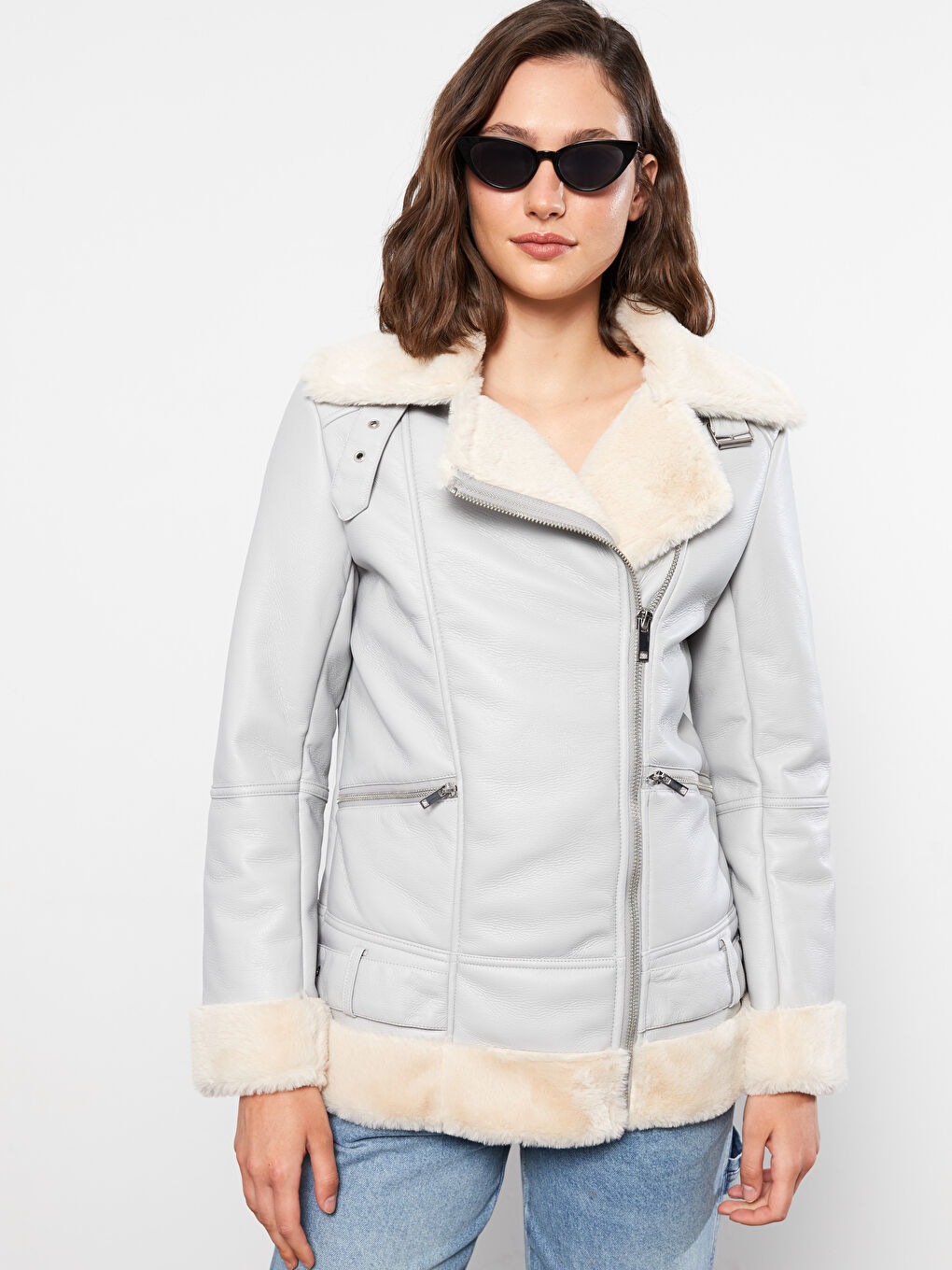 Women's Biker Neck Plain Faux Leather Jacket-2