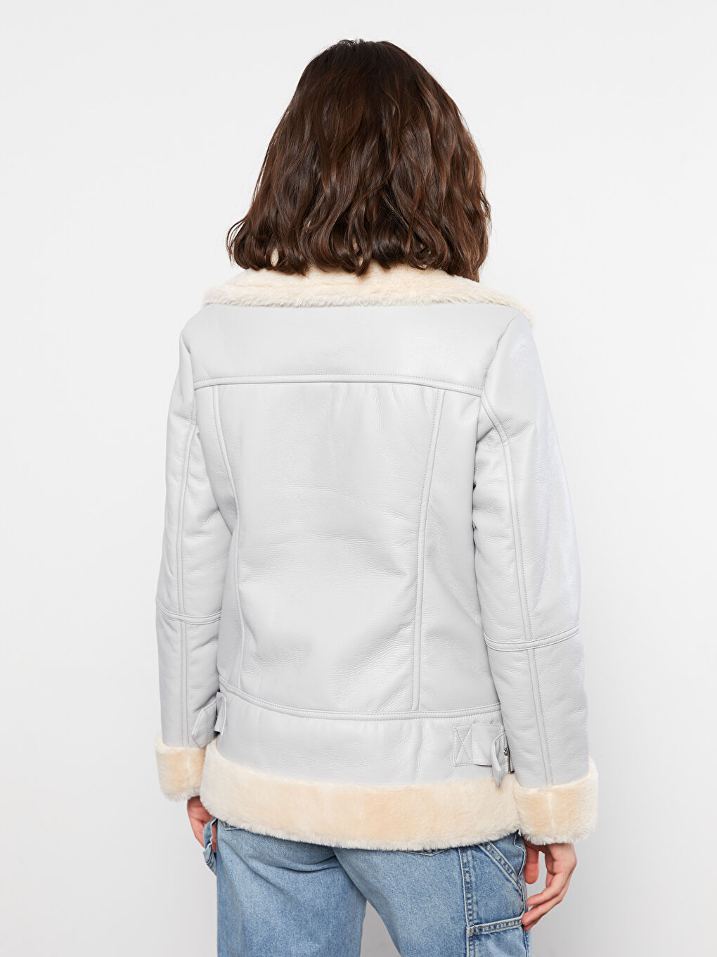 Women's Biker Neck Plain Faux Leather Jacket-5