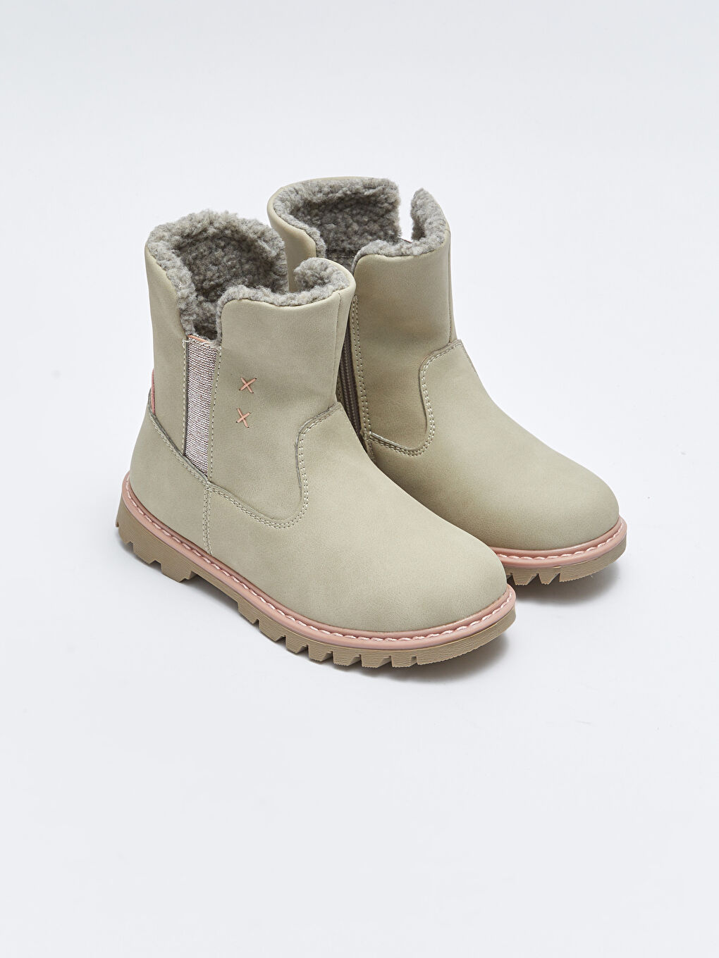 Bej Deri Görünümlü Fermuarlı Kız Çocuk Bot