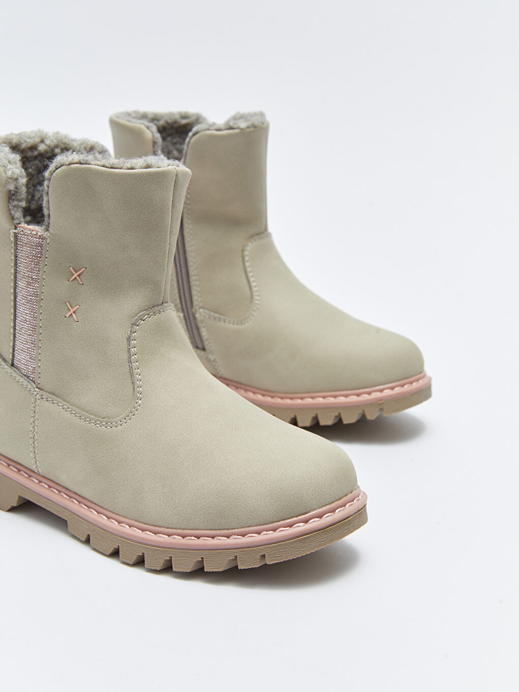 Bej Deri Görünümlü Fermuarlı Kız Çocuk Bot-2