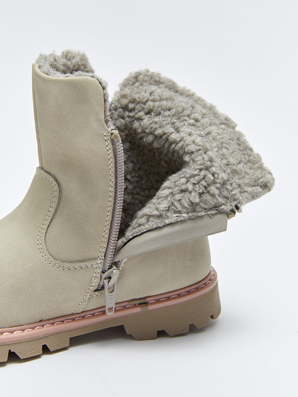 Bej Deri Görünümlü Fermuarlı Kız Çocuk Bot-5