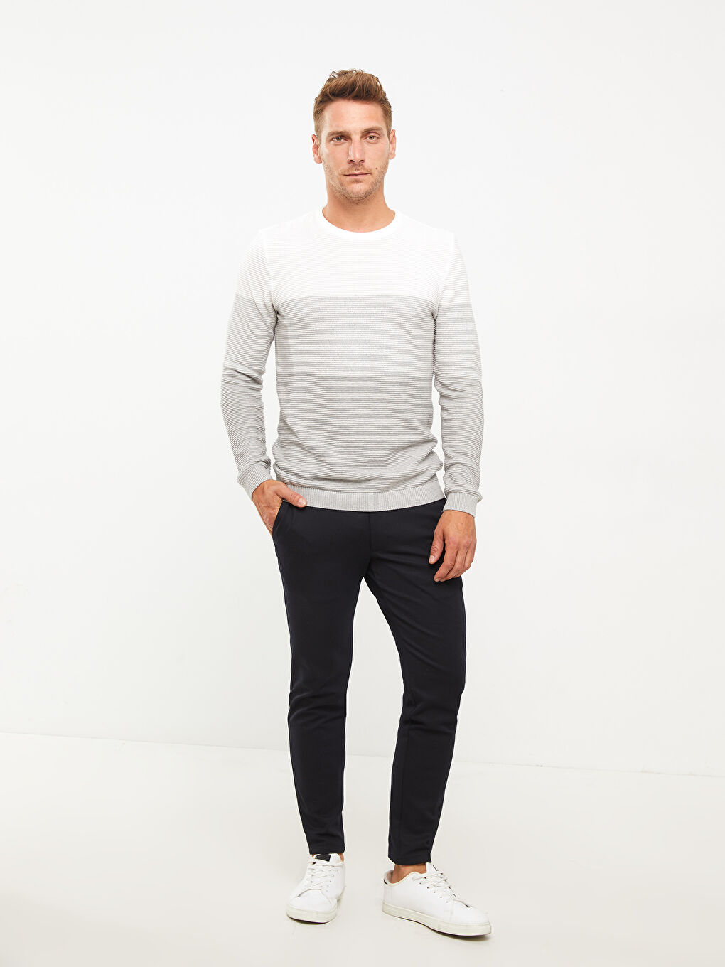 Pulover Tricotat pentru Bărbați cu Guler Rotund și Mânecă Lungă, Bloc de Culoare-2