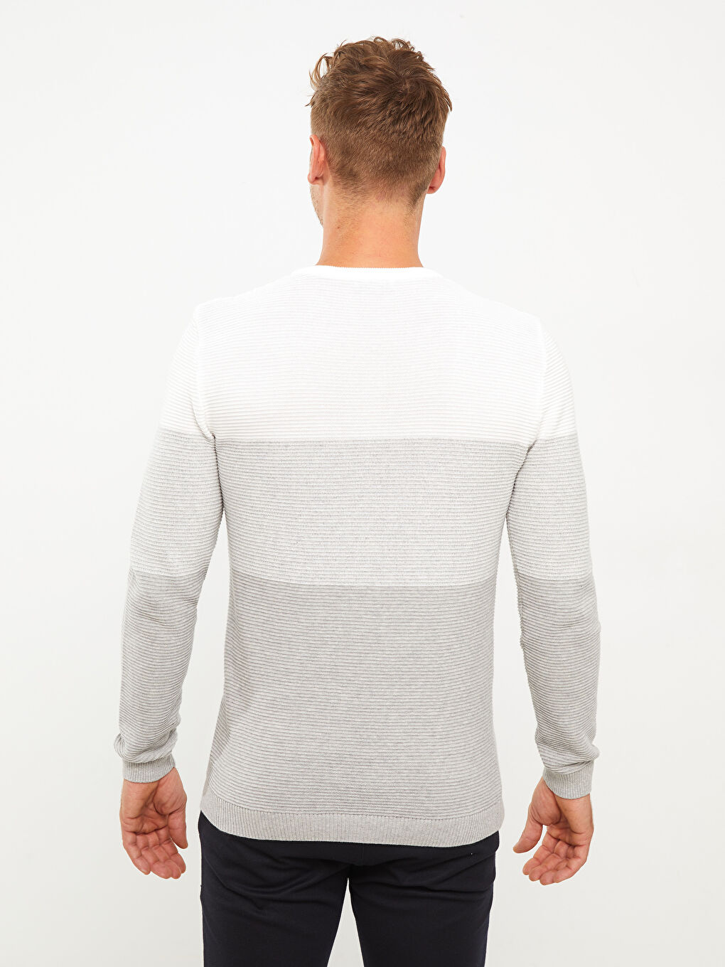 Pulover Tricotat pentru Bărbați cu Guler Rotund și Mânecă Lungă, Bloc de Culoare-4