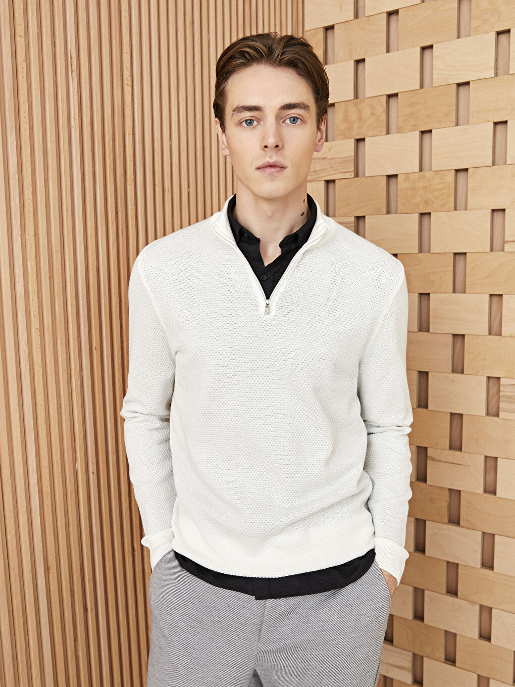 Funnel Neck Long Sleeve Men's Knitwear Sweater