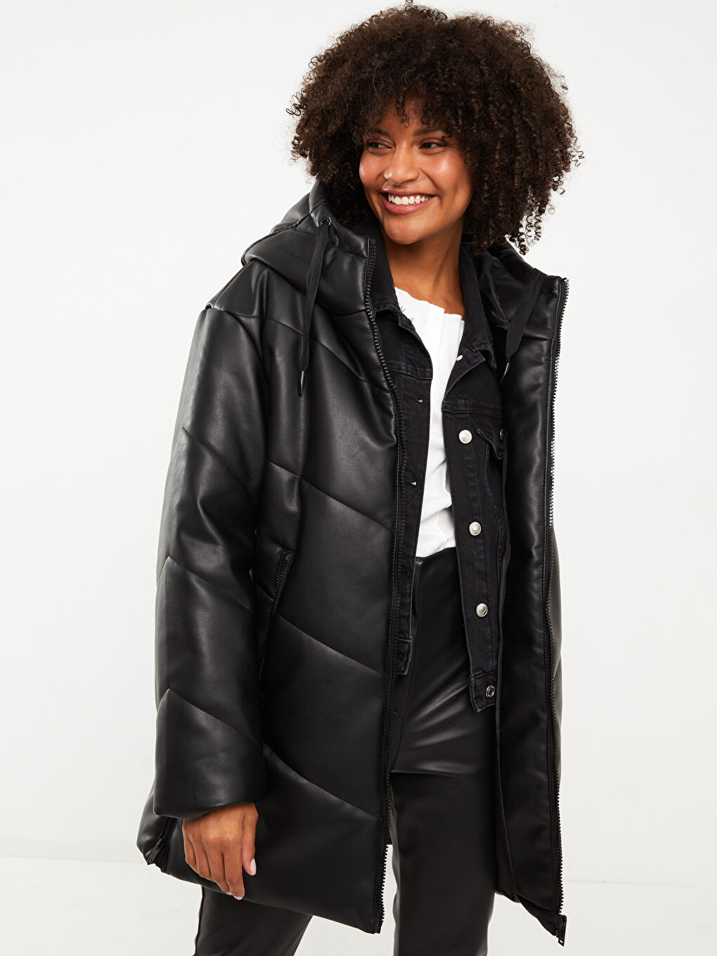 Women's Hooded Plain Puffer Coat-2