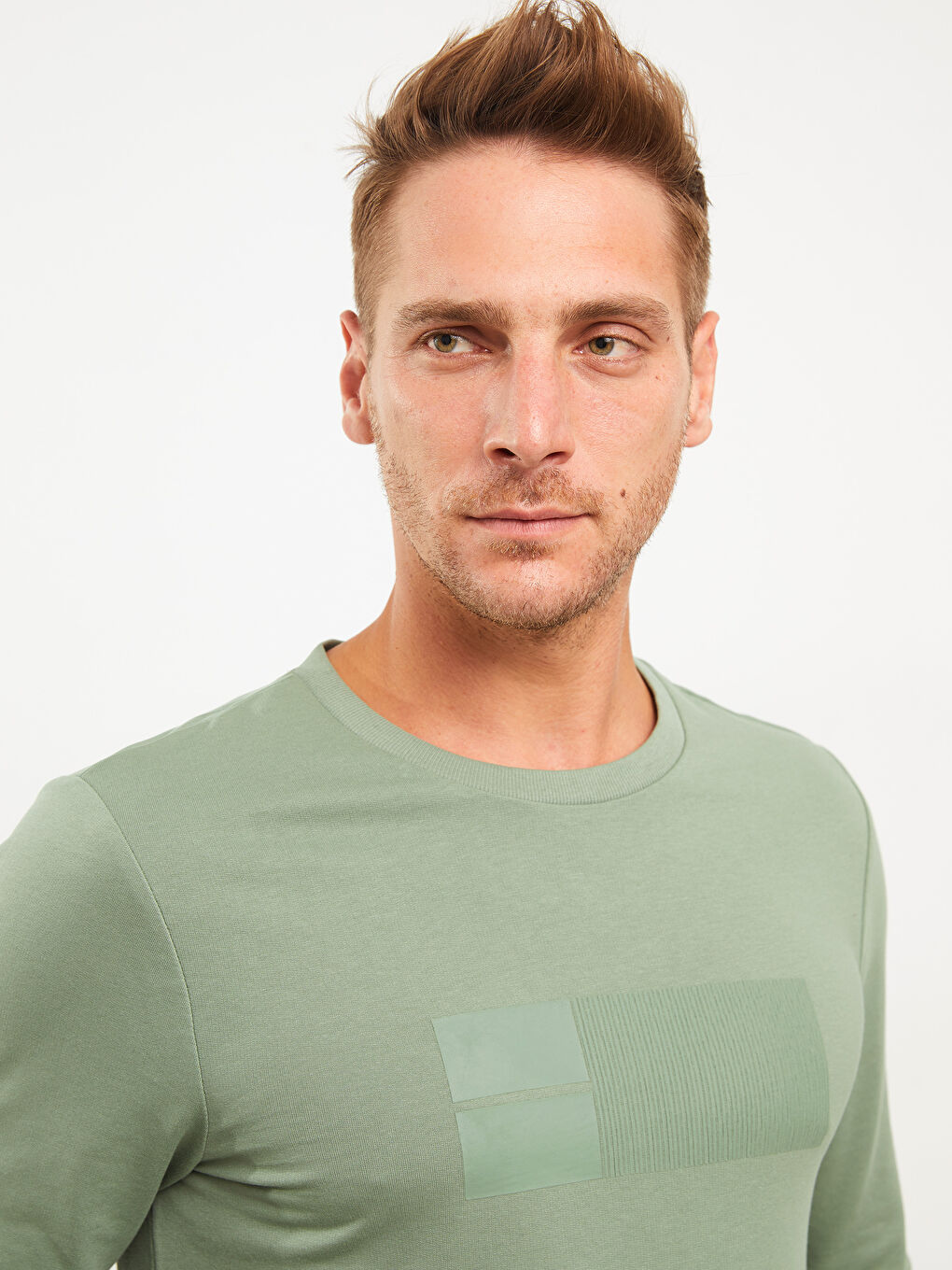 Yeşil Bisiklet Yaka Uzun Kollu Baskılı Erkek Sweatshirt