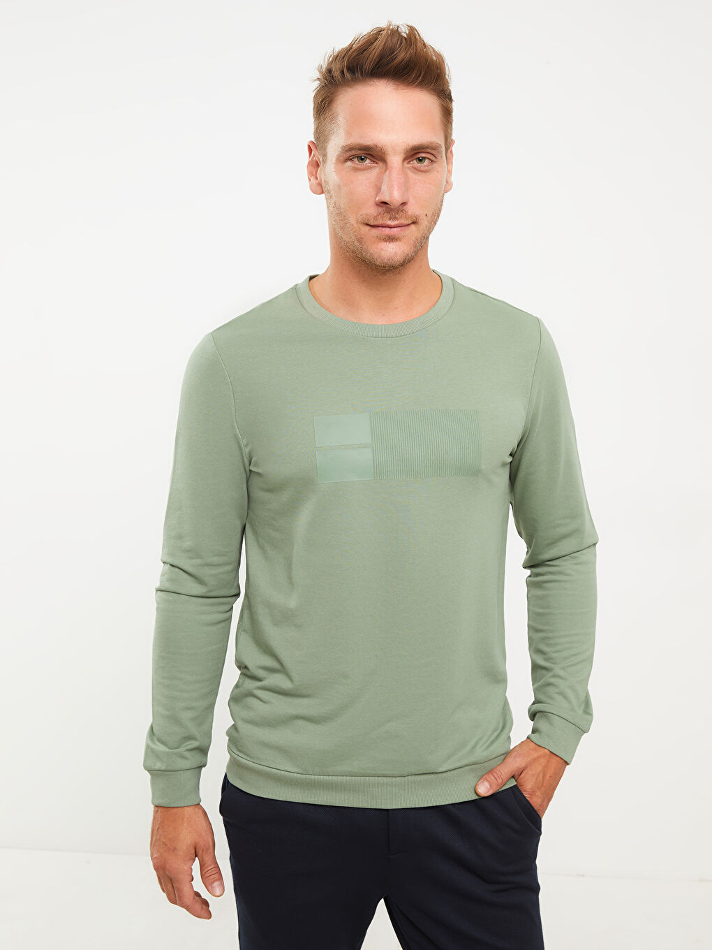 Yeşil Bisiklet Yaka Uzun Kollu Baskılı Erkek Sweatshirt-1