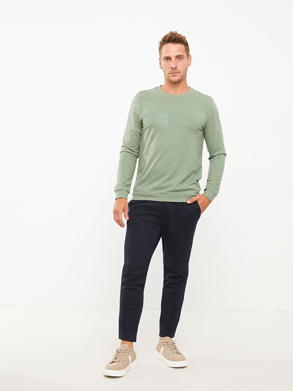 Yeşil Bisiklet Yaka Uzun Kollu Baskılı Erkek Sweatshirt-2