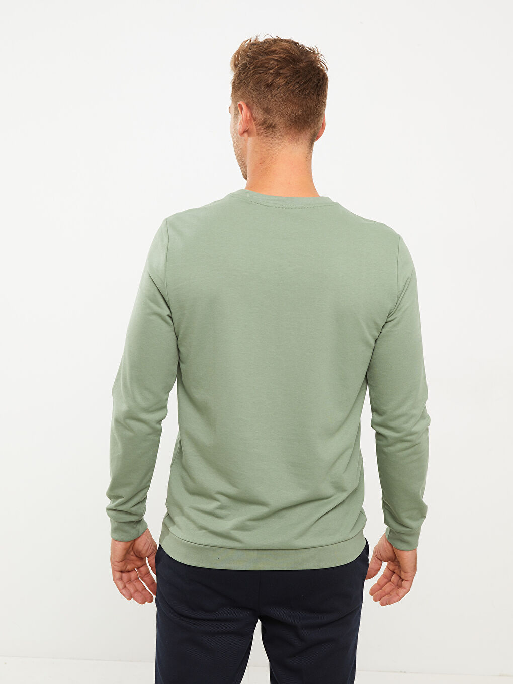 Yeşil Bisiklet Yaka Uzun Kollu Baskılı Erkek Sweatshirt-4