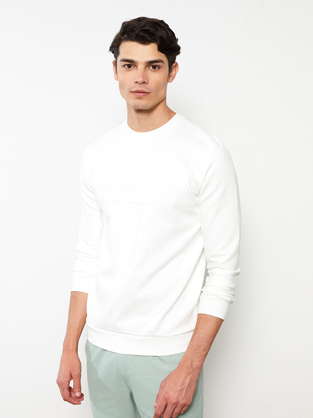 Ekru Bisiklet Yaka Uzun Kollu Baskılı Erkek Sweatshirt