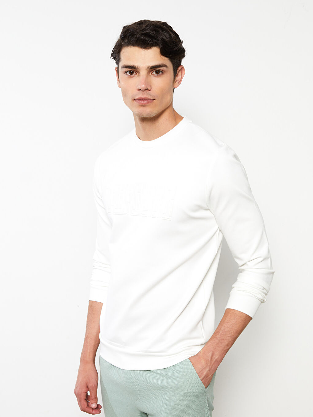 Ekru Bisiklet Yaka Uzun Kollu Baskılı Erkek Sweatshirt-1