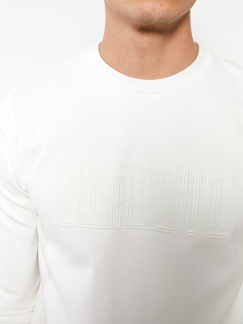 Ekru Bisiklet Yaka Uzun Kollu Baskılı Erkek Sweatshirt-3