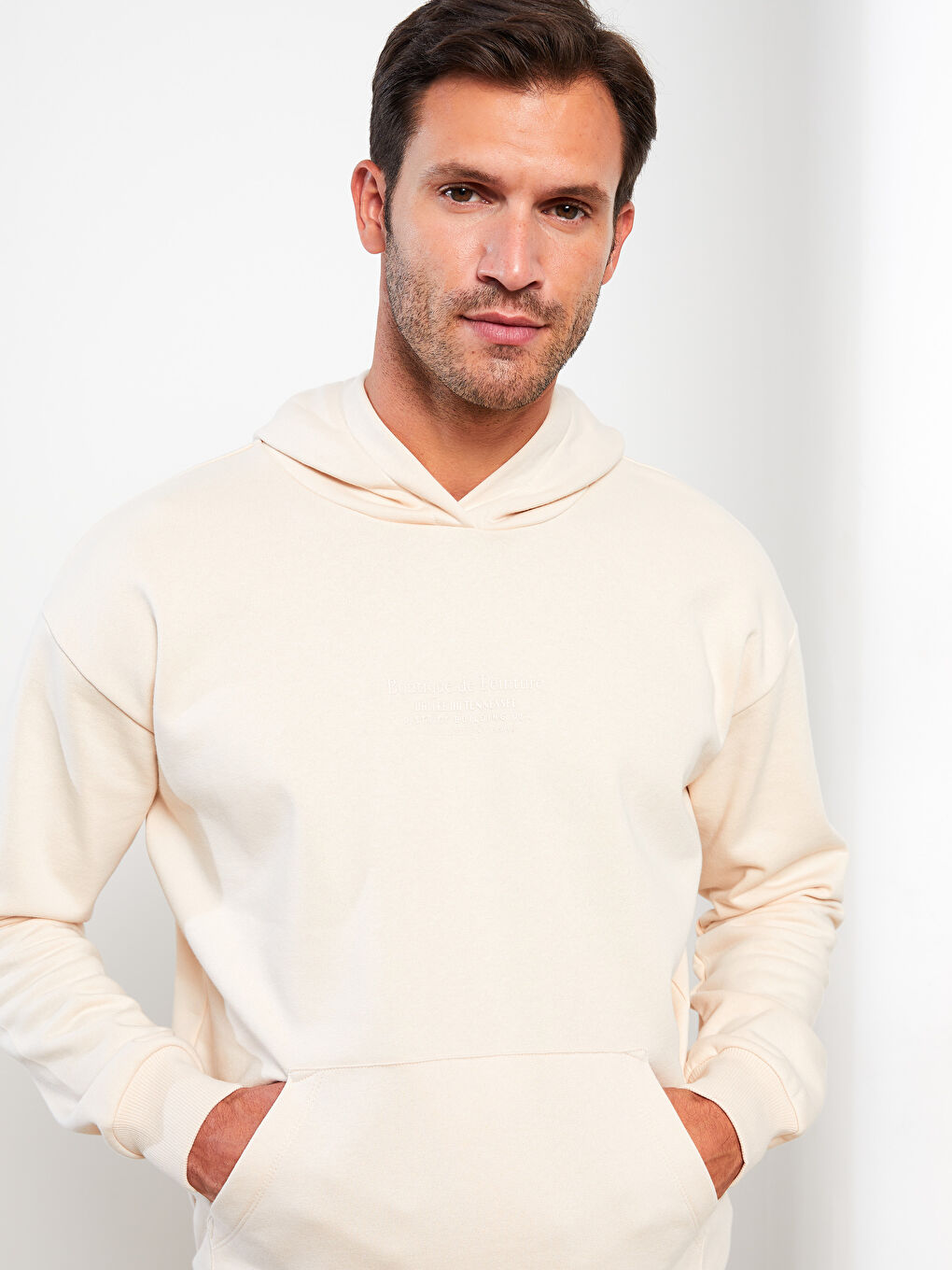 Bej Uzun Kollu Baskılı Erkek Kalın Hoodie-1