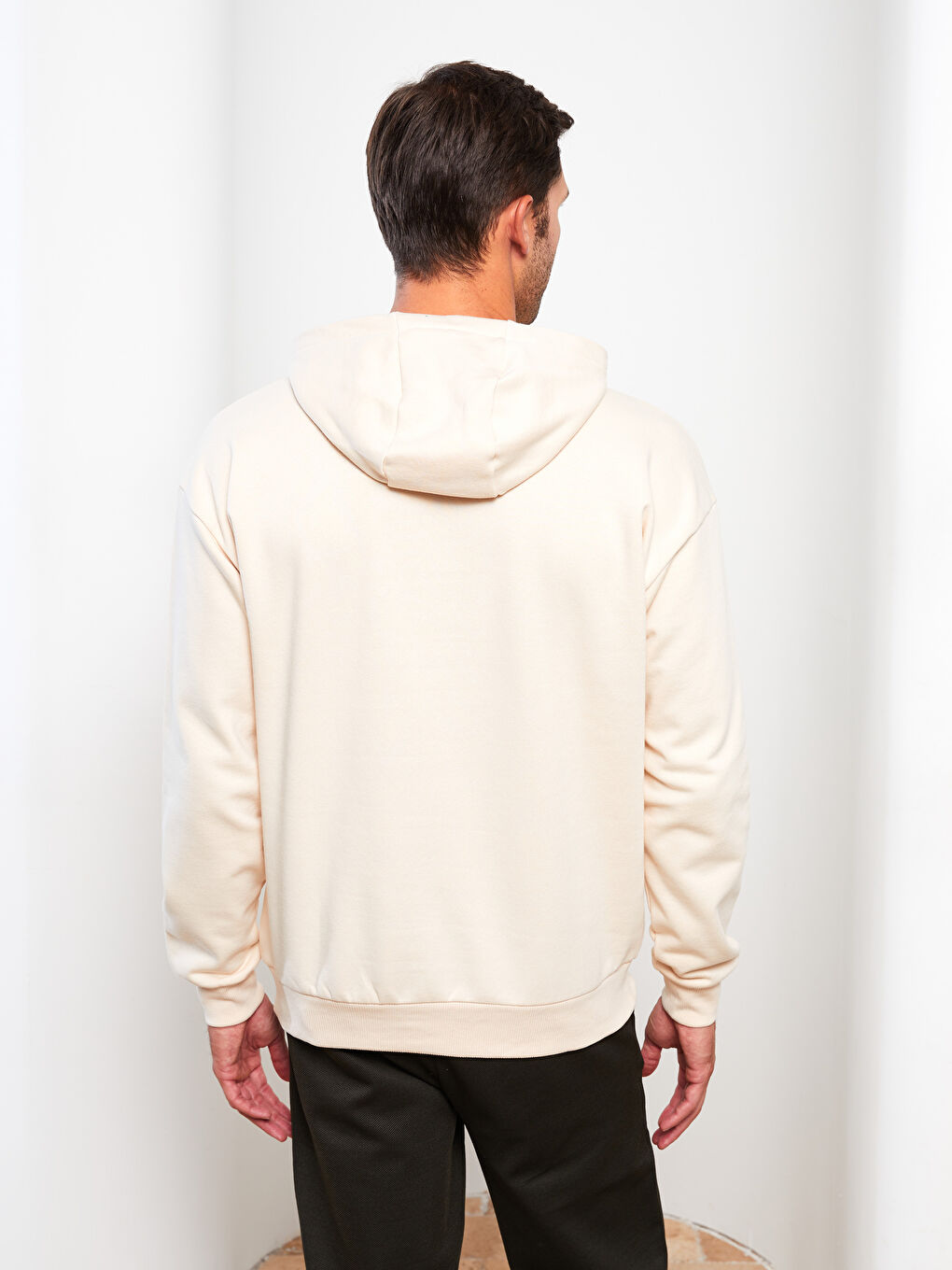 Bej Uzun Kollu Baskılı Erkek Kalın Hoodie-4