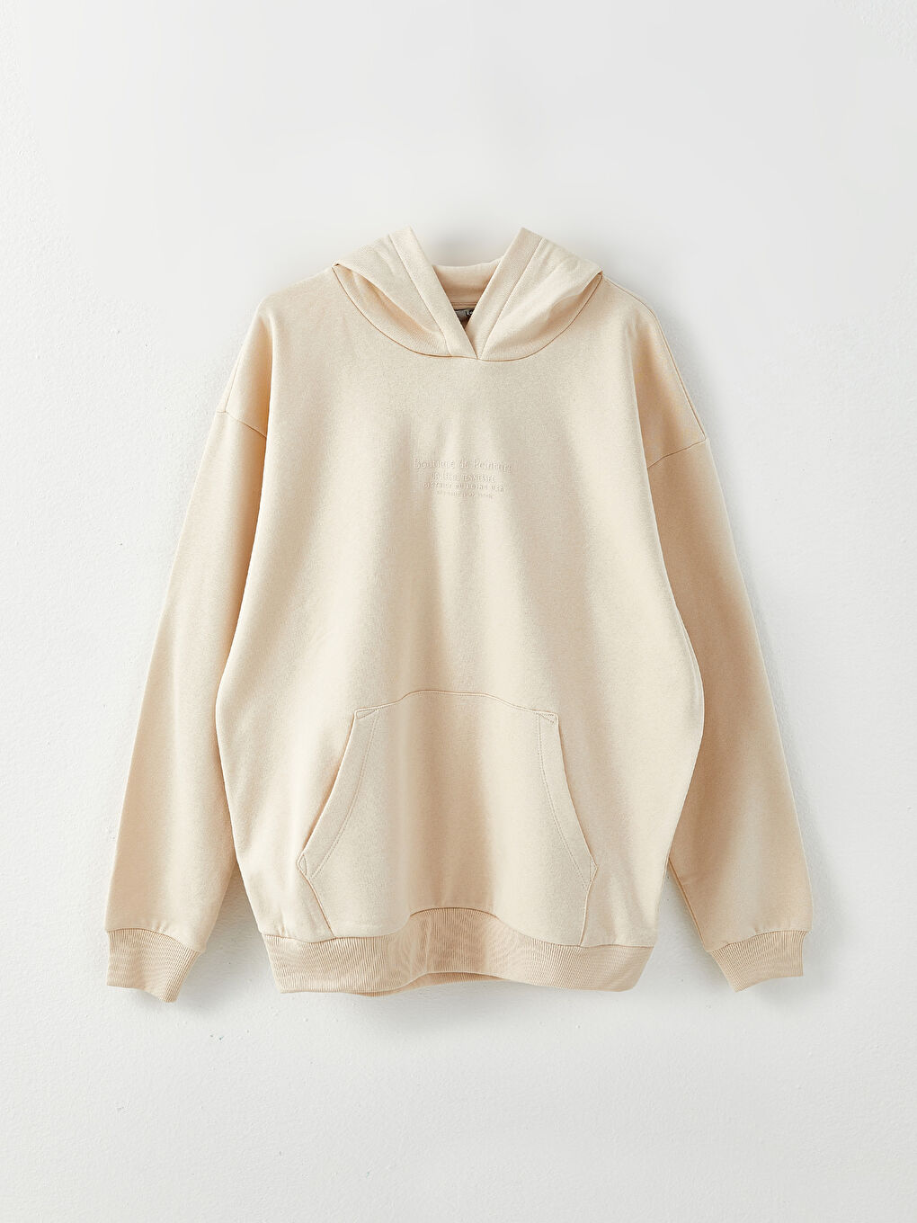 Bej Uzun Kollu Baskılı Erkek Kalın Hoodie-5