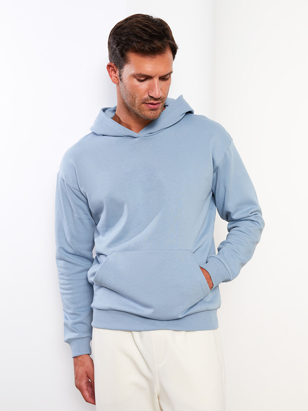 Mavi Uzun Kollu Baskılı Erkek Kalın Hoodie