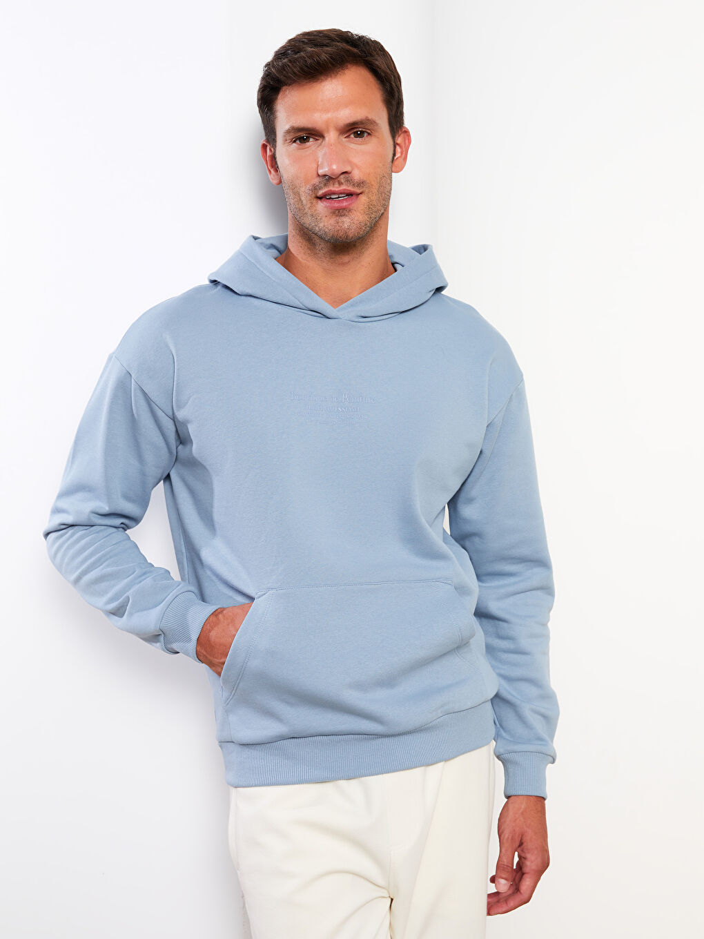 Mavi Uzun Kollu Baskılı Erkek Kalın Hoodie-1