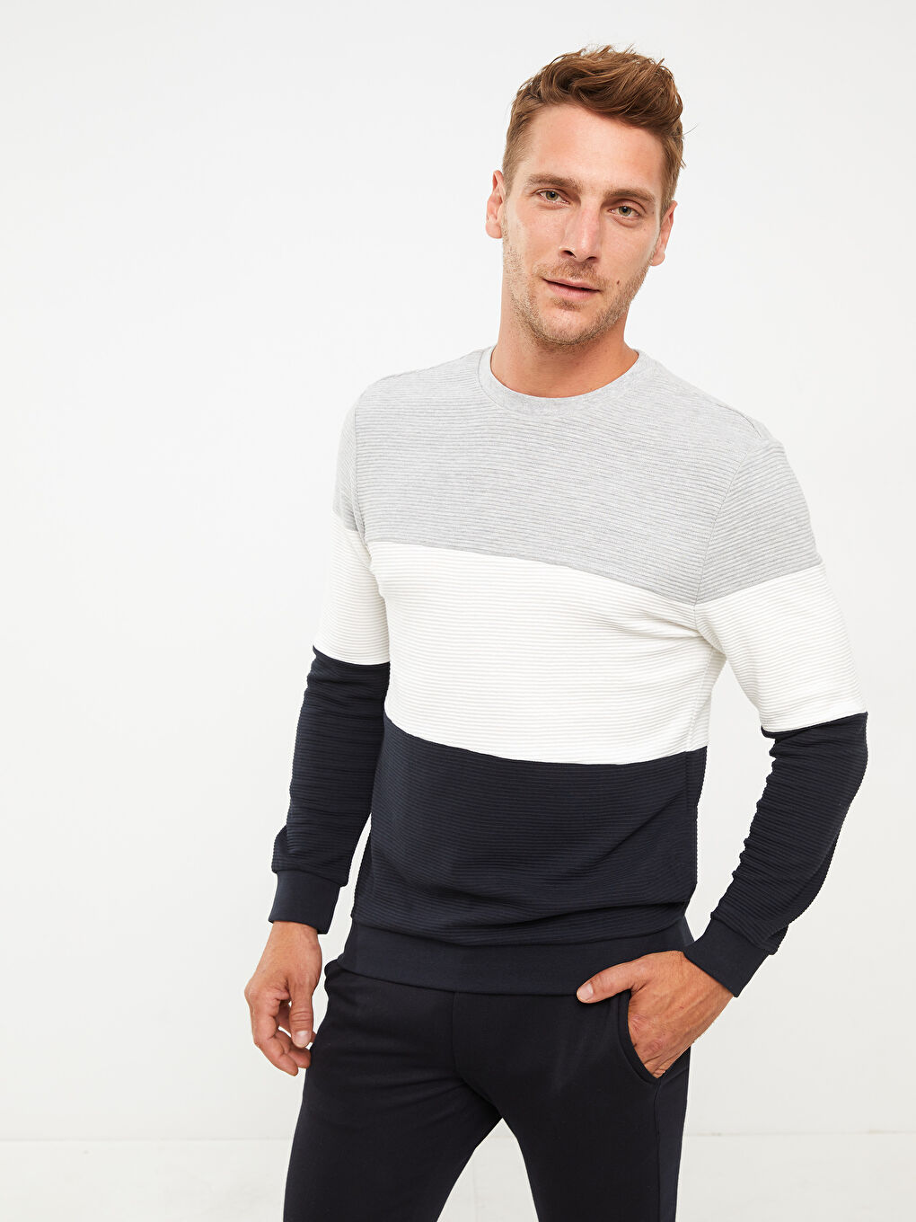 Hanorac cu Guler Rotund, Mânecă Lungă, Bloc de Culoare, pentru Bărbați