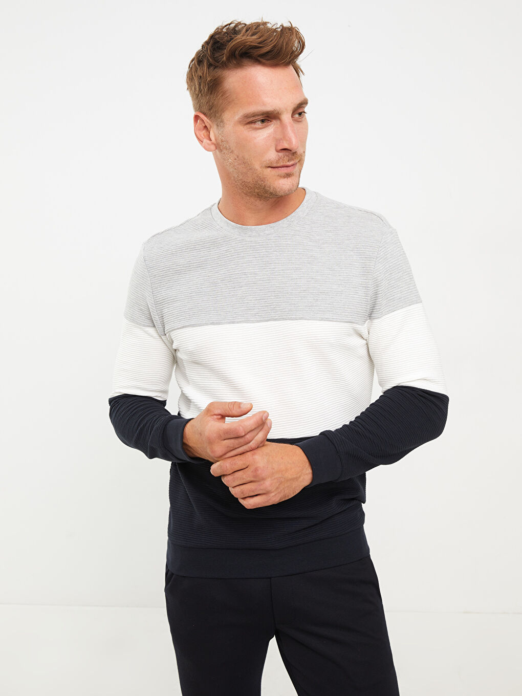 Hanorac cu Guler Rotund, Mânecă Lungă, Bloc de Culoare, pentru Bărbați-1